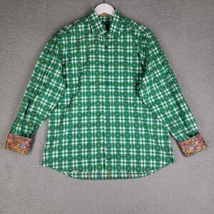 Bertigo Button Up Shirt Adult 2XL Green Plaid Floral Flip Cuff Office Church Men